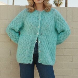 Vintage 1950s 🇮🇹 100% Mohair Sweater Cardigan Mint Green Airy Honeycomb Knit